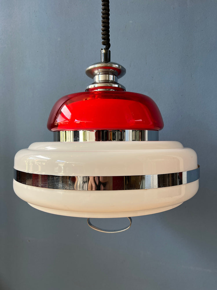Mid Century Massive Space Age Pendant Lamp / White and Red Vintage Light Fixture