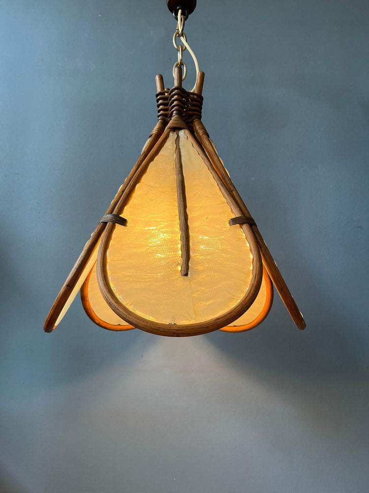 Vintage Bamboo Pendant Light / Ingo Maurer Uchiwa Style Fan Lamp / Mid Century Rotan Chandelier