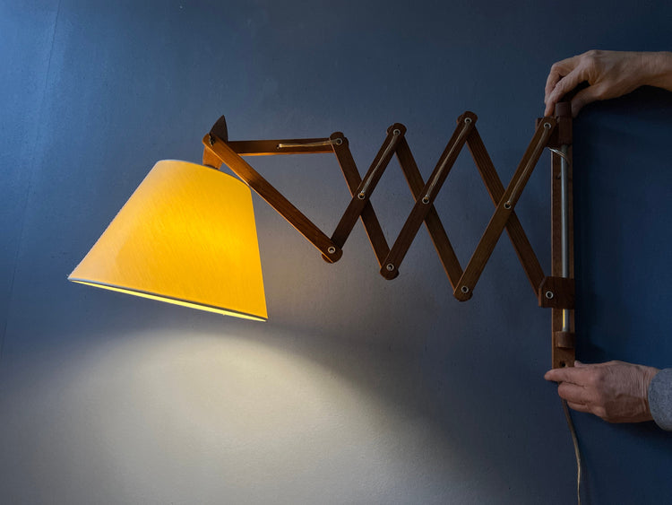 Mid Century Teak Wood Scissor Wall Lamp with Beige Shade