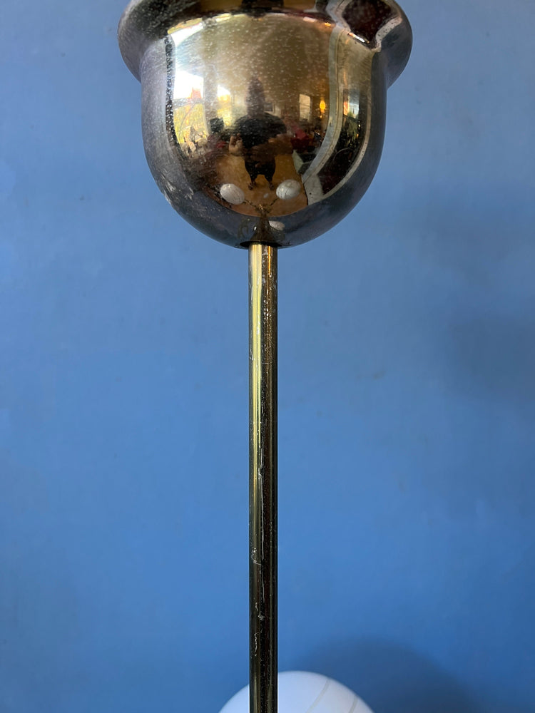 Vintage 50s Brass Chandelier with Opaline Glass Shades / Mid Century Pendant Lamp / Light Fixture