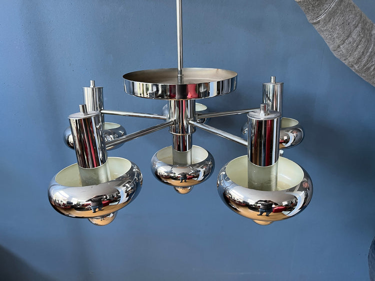 Chrome Space Age Chandelier | Mid Century Pendant Light | Scoliari Retro 70s Ceiling Lighting