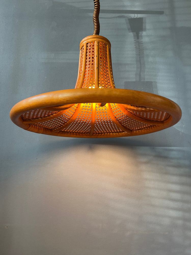 Mid Century Bamboo Pendant Light / Vintage Boho Rotan Light Fixture
