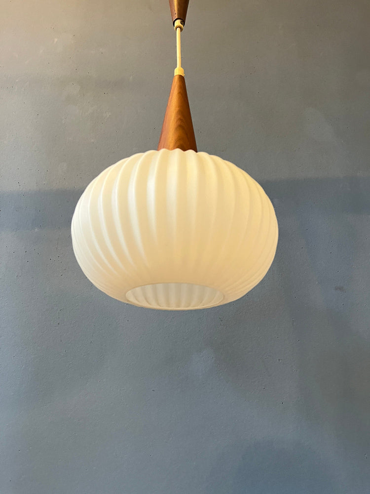 Vintage Milk Glass Pendant Light by Louis Kalff for Philips with Teak Wood Cap