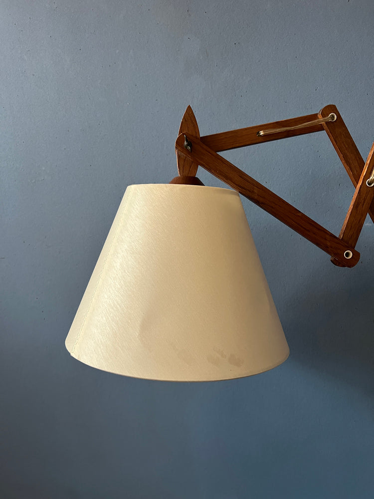 Mid Century Teak Wood Scissor Wall Lamp with Beige Shade