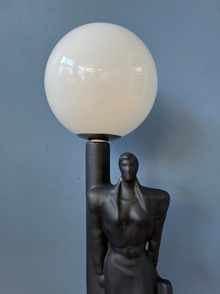 Vintage Art Deco Men Figure Porcelain Table Lamp with Glass Shade