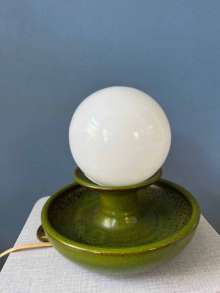 Green West Germany Ceramic Table Lamp with Glass Shade