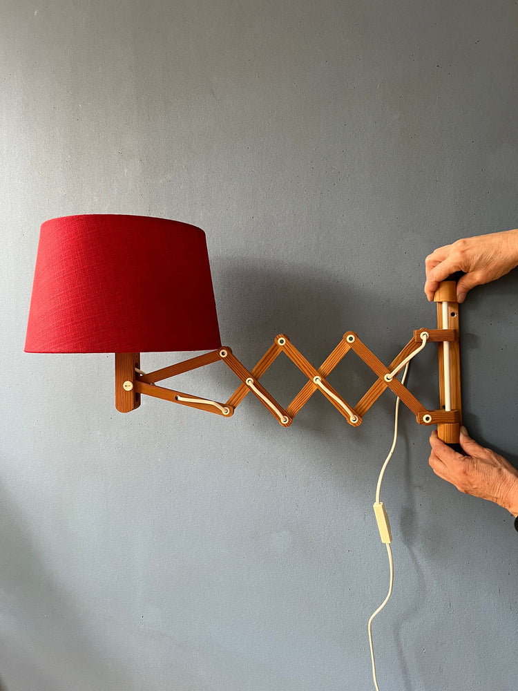 Mid Century Wooden Scissor Wall Lamp with Red Textile Shade