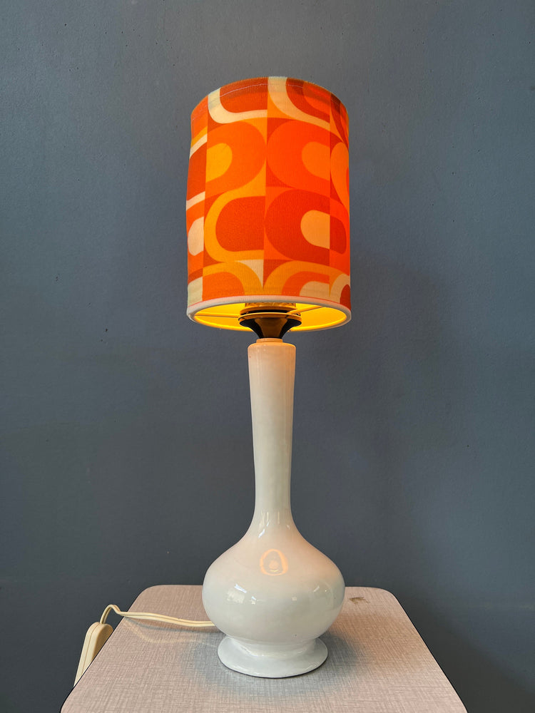 Vintage Space Age Desk Lamp with Textile Shade and Porcelain Base / Mid Century Table Lamp