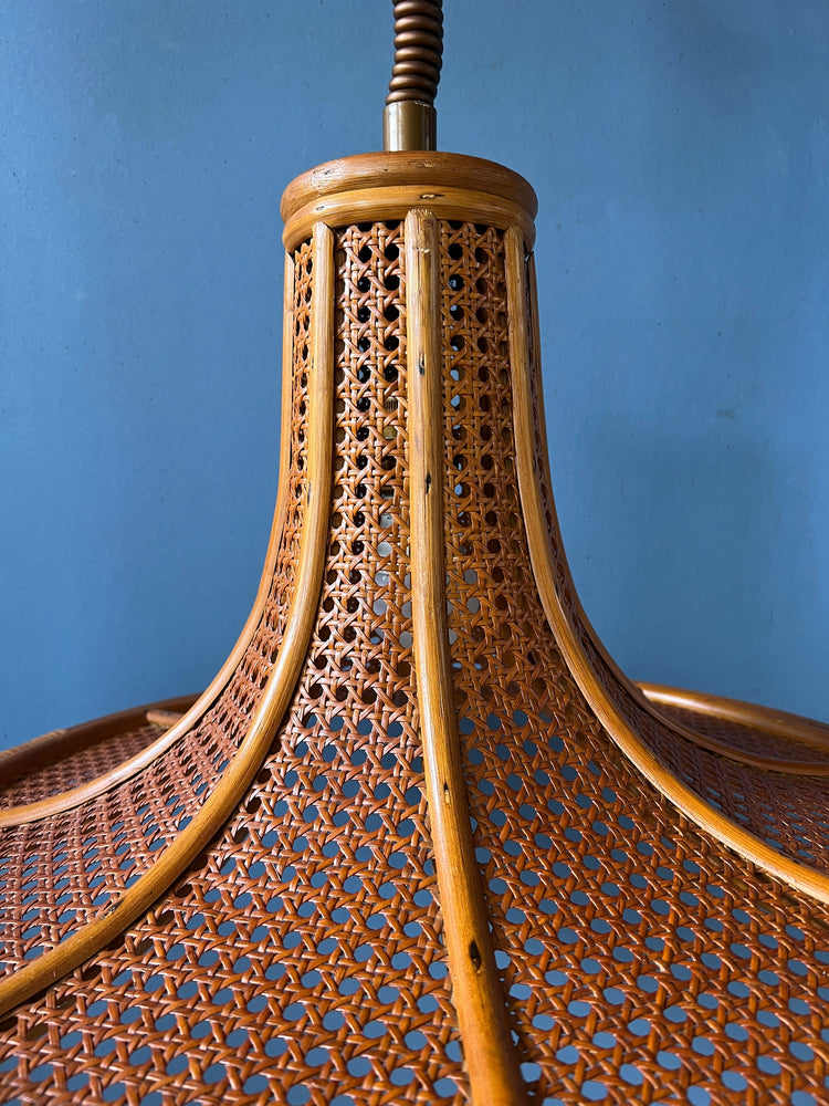 Mid Century Bamboo Pendant Light / Vintage Boho Rotan Light Fixture