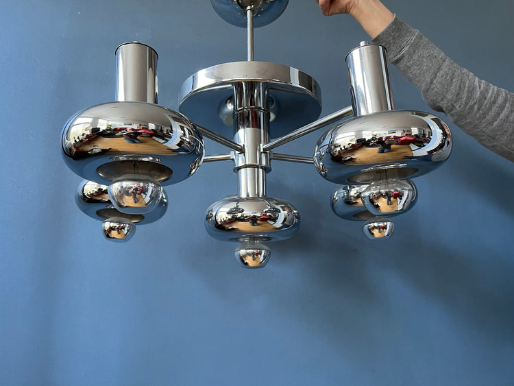 Chrome Space Age Chandelier | Mid Century Pendant Light | Scoliari Retro 70s Ceiling Lighting