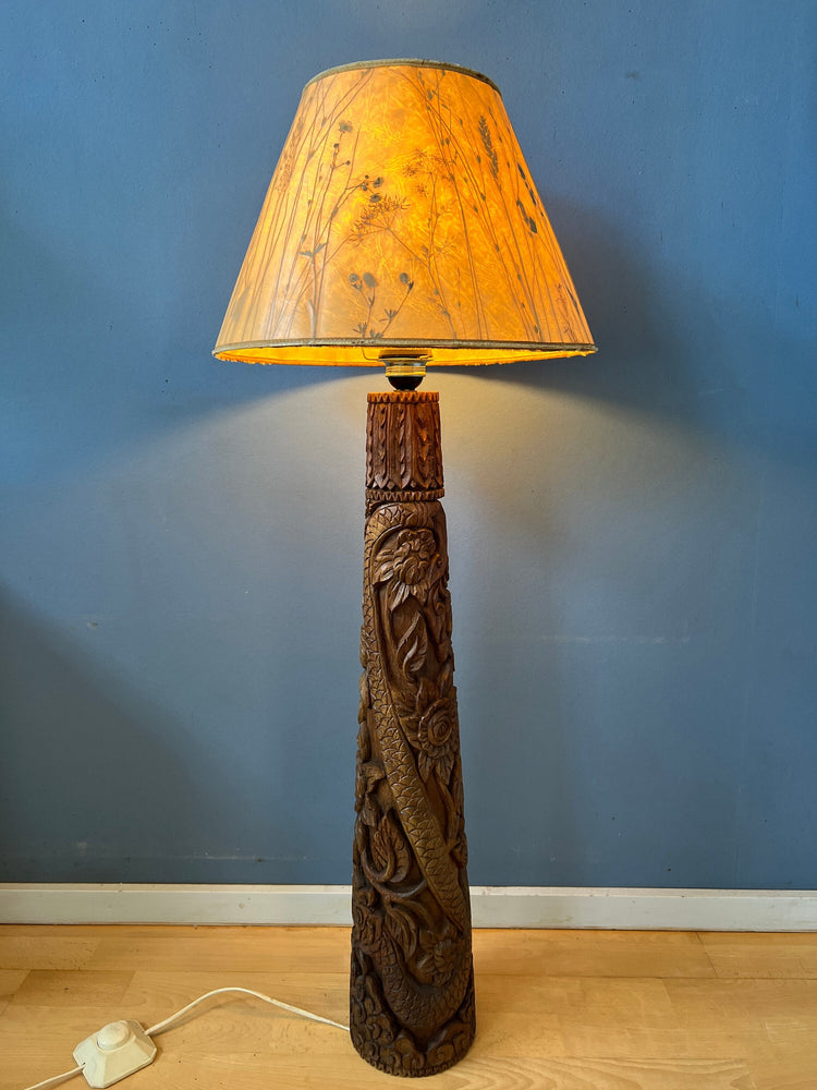 Hand Carved Wooden Floor Lamp / Vintage Wooden Lamp / Indonesian Lamp