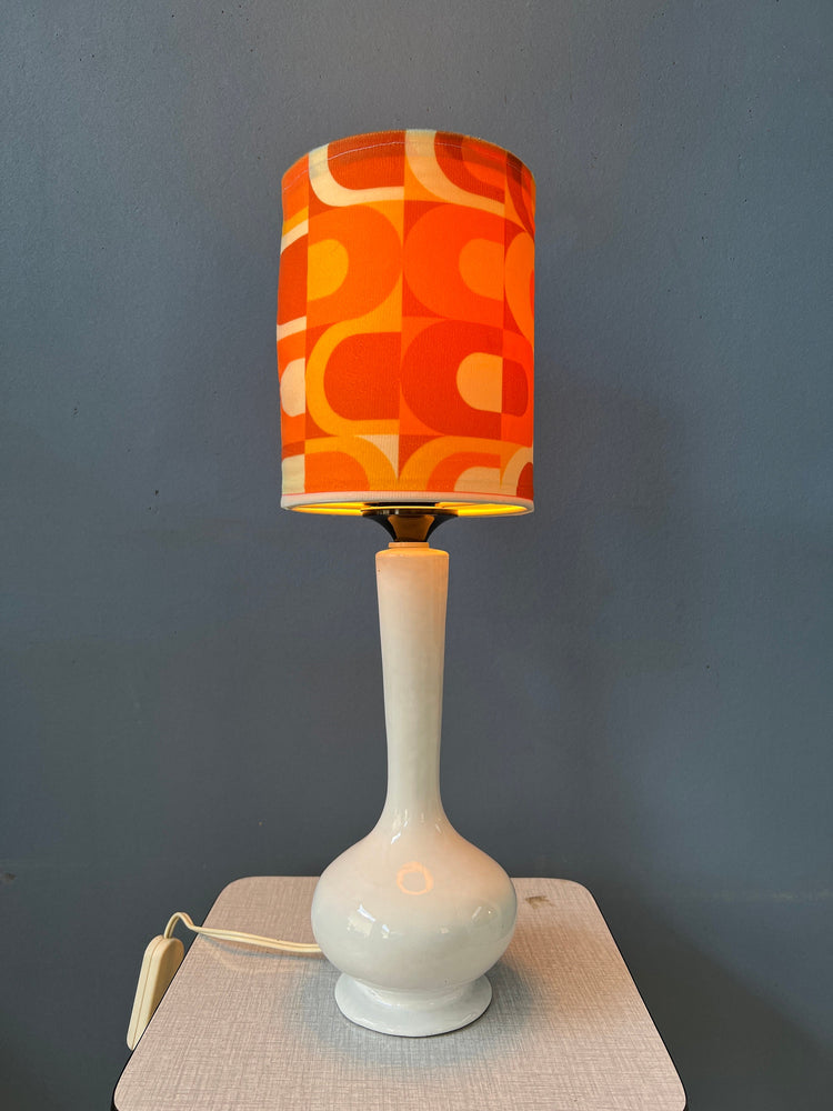 Vintage Space Age Desk Lamp with Textile Shade and Porcelain Base / Mid Century Table Lamp