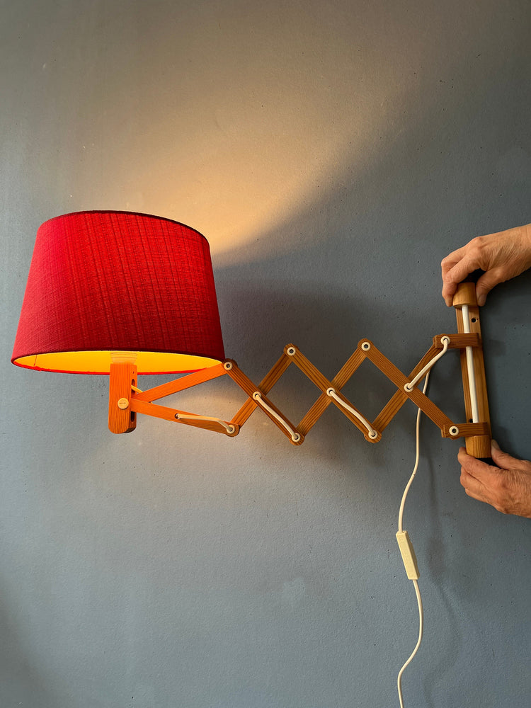 Mid Century Wooden Scissor Wall Lamp with Red Textile Shade