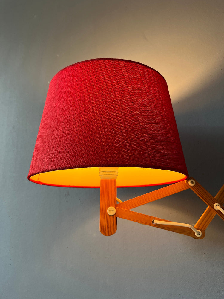 Mid Century Wooden Scissor Wall Lamp with Red Textile Shade