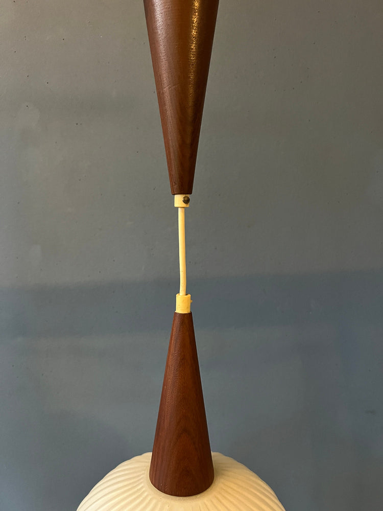 Vintage Milk Glass Pendant Light by Louis Kalff for Philips with Teak Wood Cap