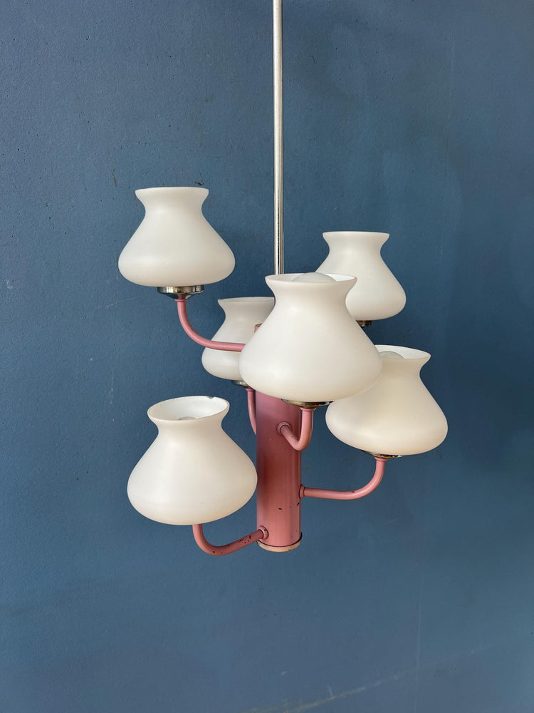Mid Century White Opaline Glass Chandelier with Pink Frame