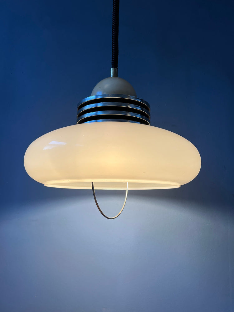 White Space Age Pendant Lamp with Plexiglass Shade and Chrome Top Cap