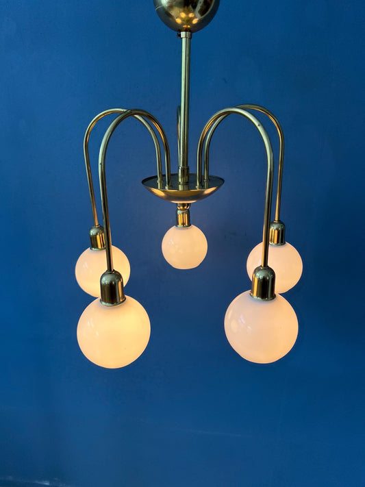 Mid Century Gold Brass Opaline Glass Chandelier