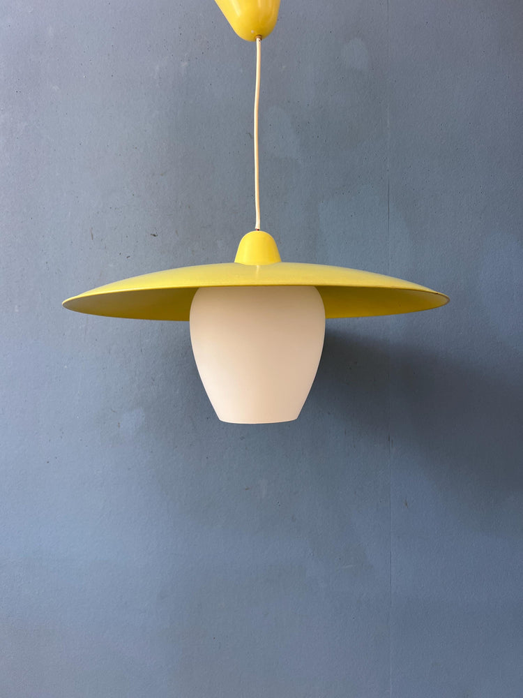 Mid Century Opaline Glass Pendant Lamp with Yellow Metal Shade