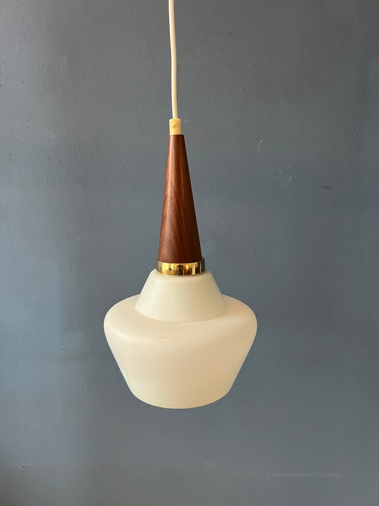 Small Danish Teak Wood Opaline Glass Pendant Light