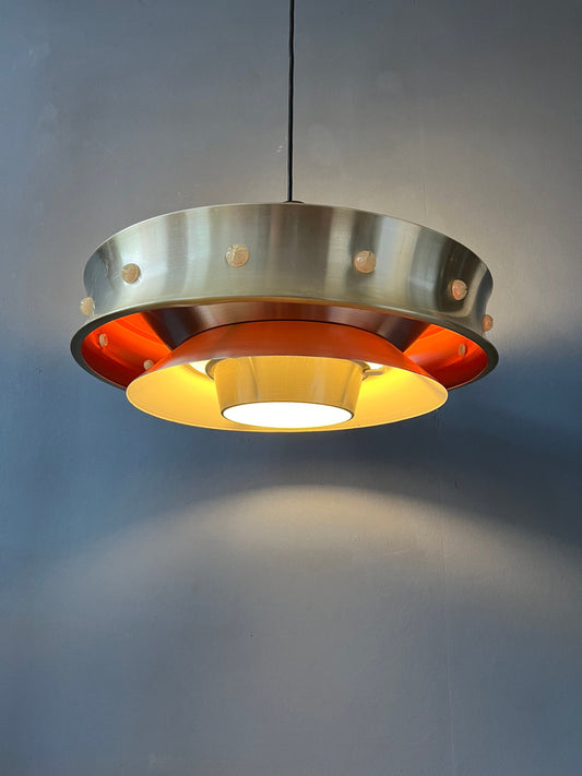 Mid Century Aluminium Pendant Lamp with Orange Lacquer