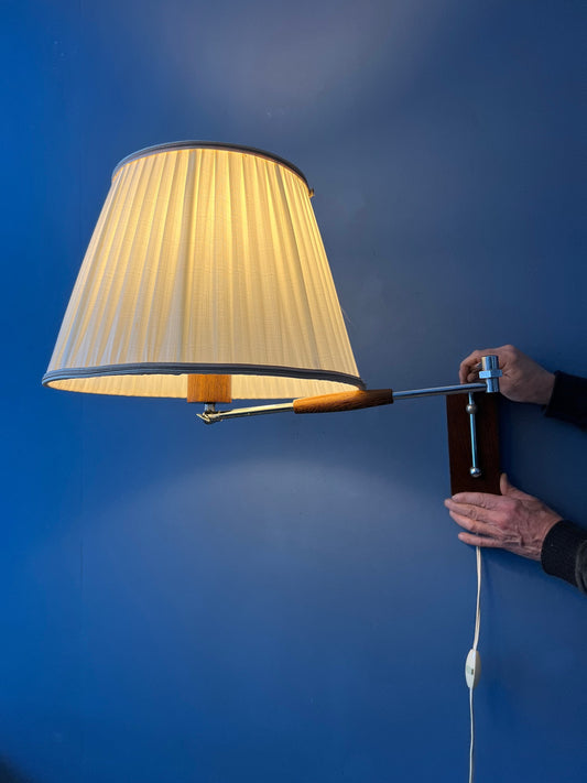 Vintage Teak Wood Mid Century Swing Arm Wall Lamp with Textile Shade