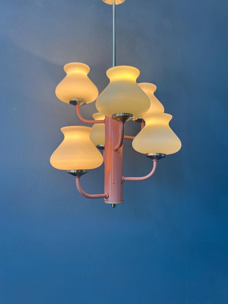 Mid Century White Opaline Glass Chandelier with Pink Frame
