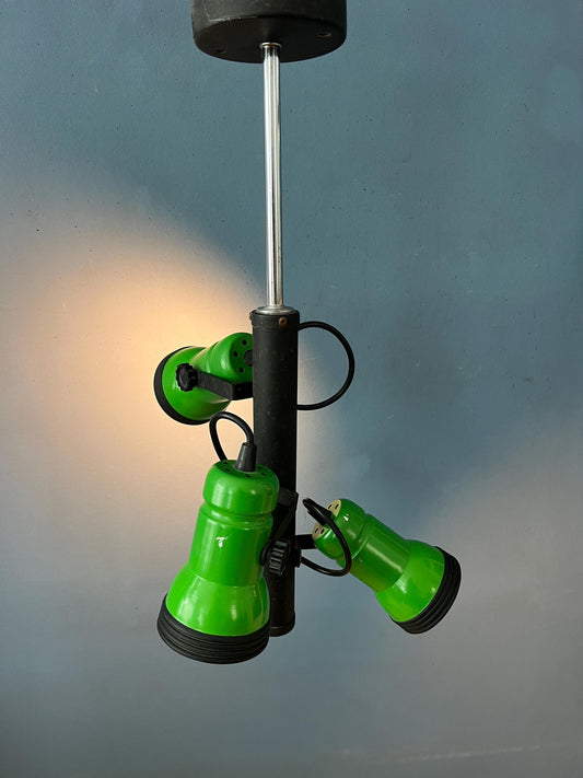 Vintage Downrod Ceiling Lamp with Three Green Spots