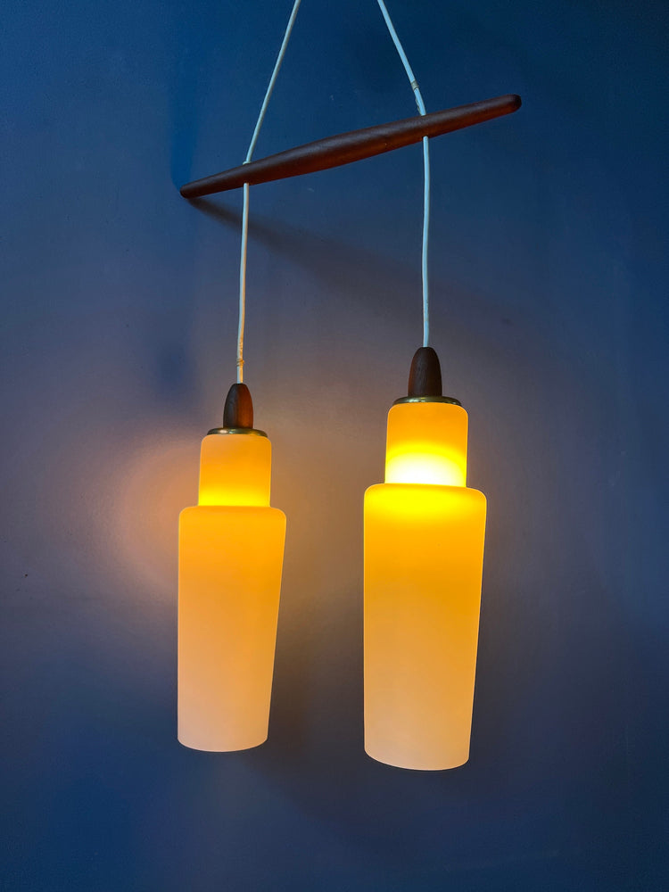 Danish Pendant Lamp with Two Opaline Glass Shades and Teak Wood Elements