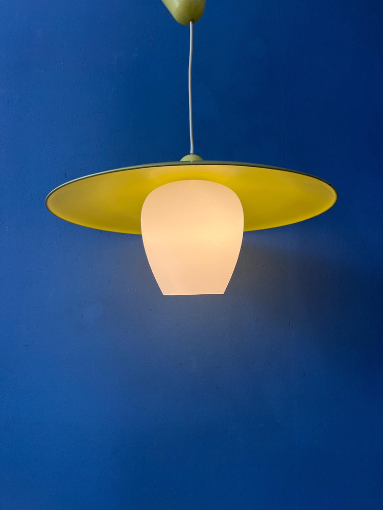 Mid Century Opaline Glass Pendant Lamp with Yellow Metal Shade