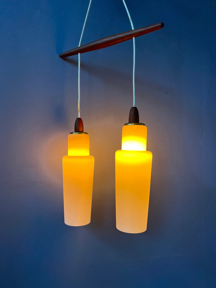 Danish Pendant Lamp with Two Opaline Glass Shades and Teak Wood Elements