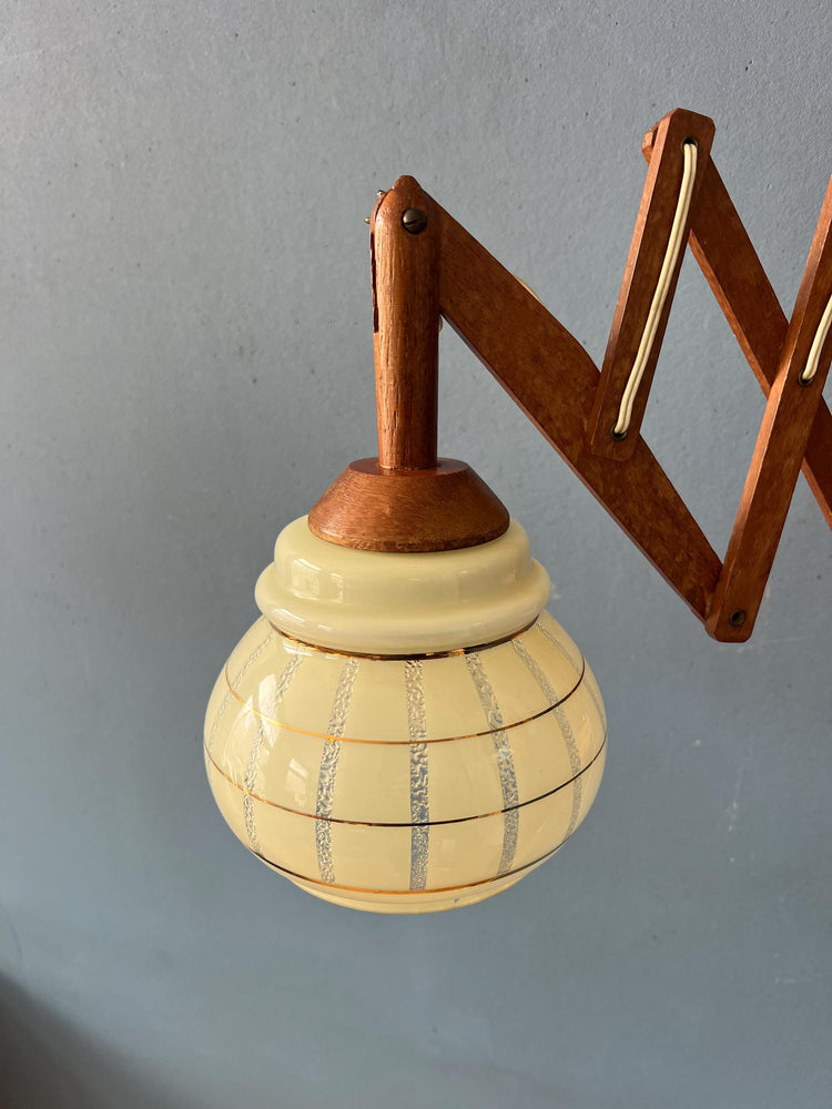 Vintage Teak Wood Scissor Wall Lamp with Glass Shade