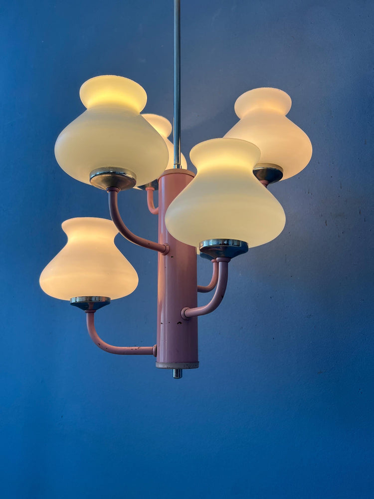 Mid Century White Opaline Glass Chandelier with Pink Frame