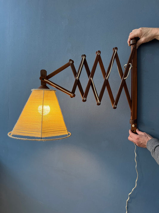 Vintage Wooden Scissor Wall Lamp with Rope Shade