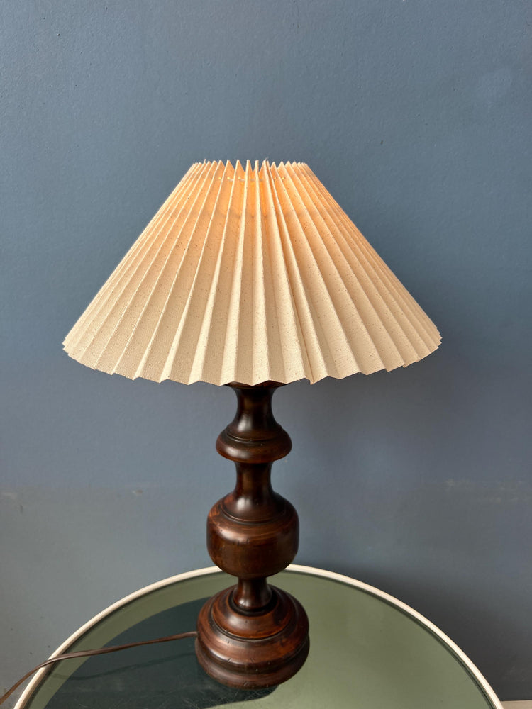 Vintage Wooden Table Lamp with Pleated Shade