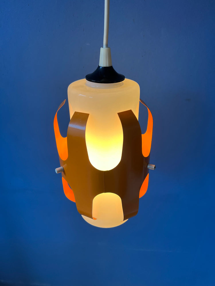 White Opaline Glass Pendant Lamp with Orange Iron Frame