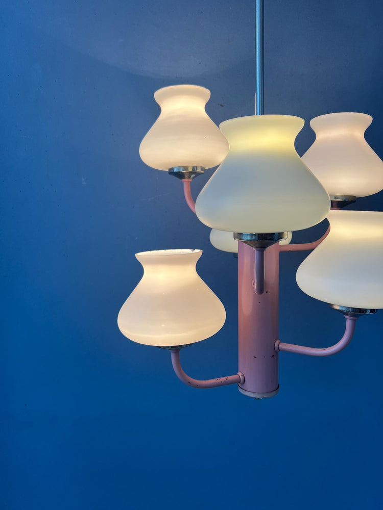 Mid Century White Opaline Glass Chandelier with Pink Frame