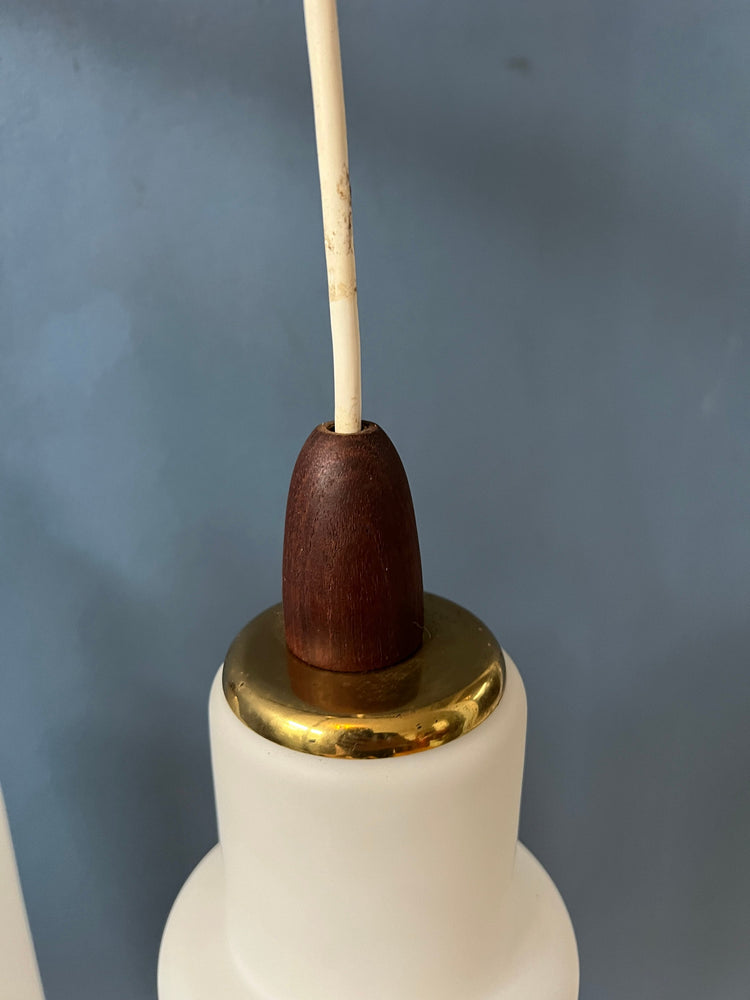 Danish Pendant Lamp with Two Opaline Glass Shades and Teak Wood Elements