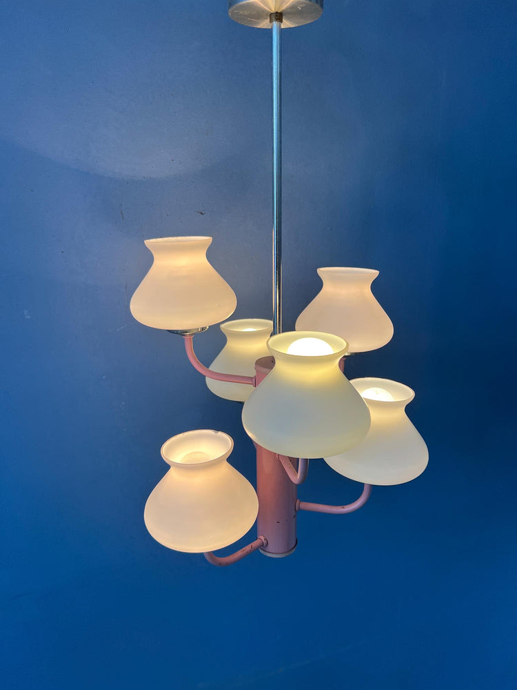 Mid Century White Opaline Glass Chandelier with Pink Frame