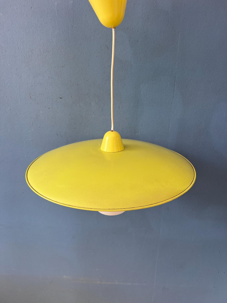 Mid Century Opaline Glass Pendant Lamp with Yellow Metal Shade