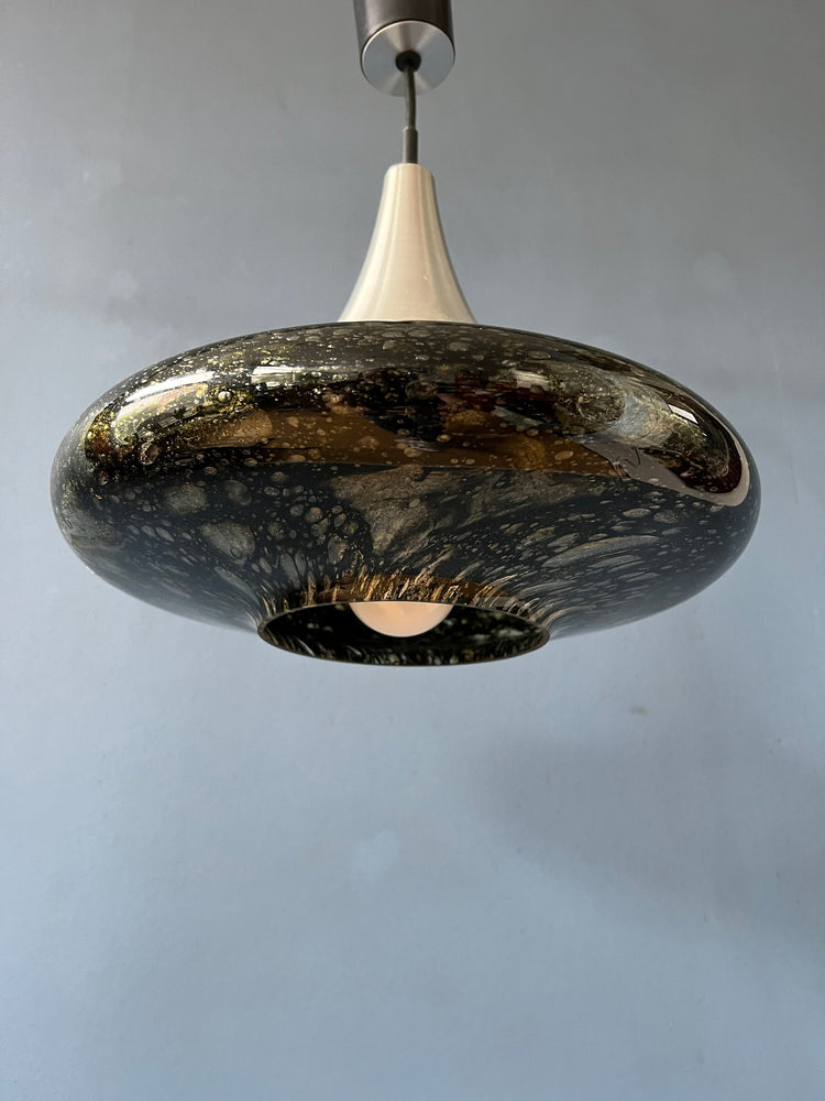 Mid Century Doria Leuchten Black Glass Pendant Lamp - Space Age Hanging Lamp - 70s Glass Light Fixture