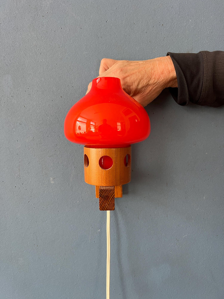 Vintage 50s Aneta Pine Wall Sconce with Orange Glass Shade