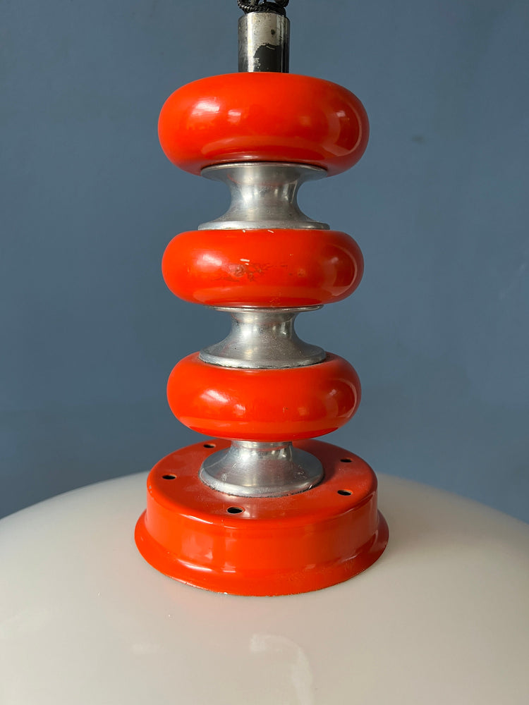 Red Space Age Pendant Lamp - White Acrylic Glass Shade - Mid Century Hanging Lamp