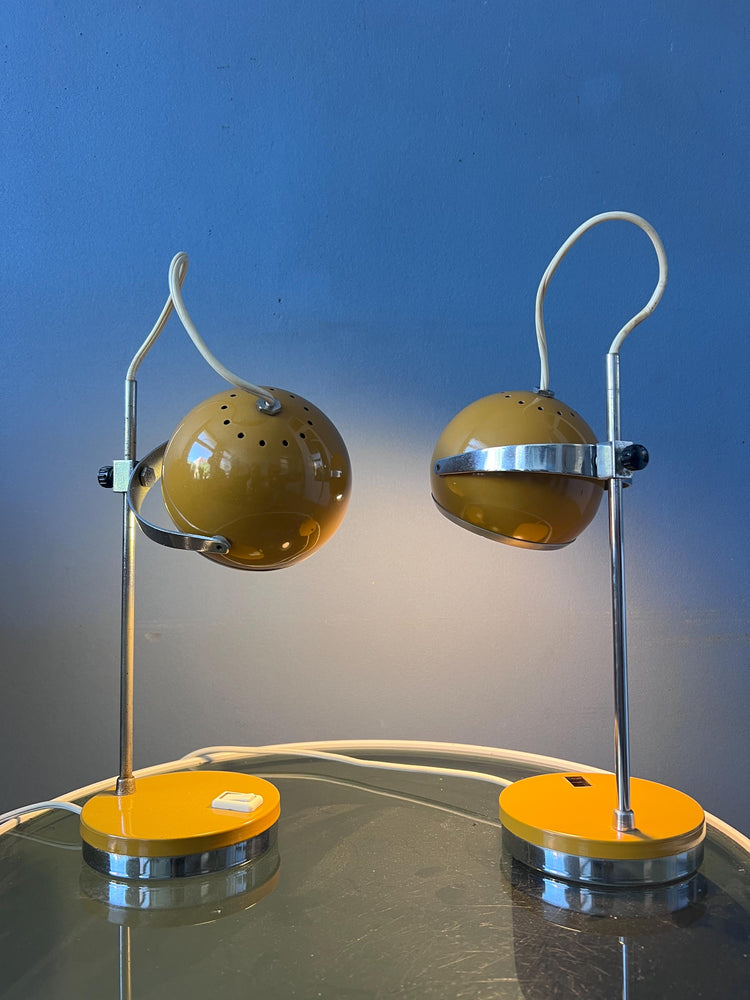 Set of 2 Yellow Space Age Eyeball Table Lamps | Vintage Mid Century Lights