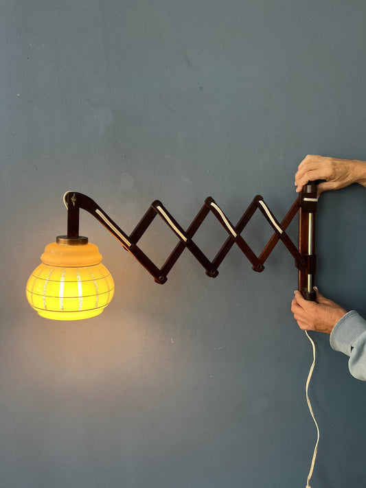 Vintage Glass Shade Teak Wood Scissor Wall Lamp