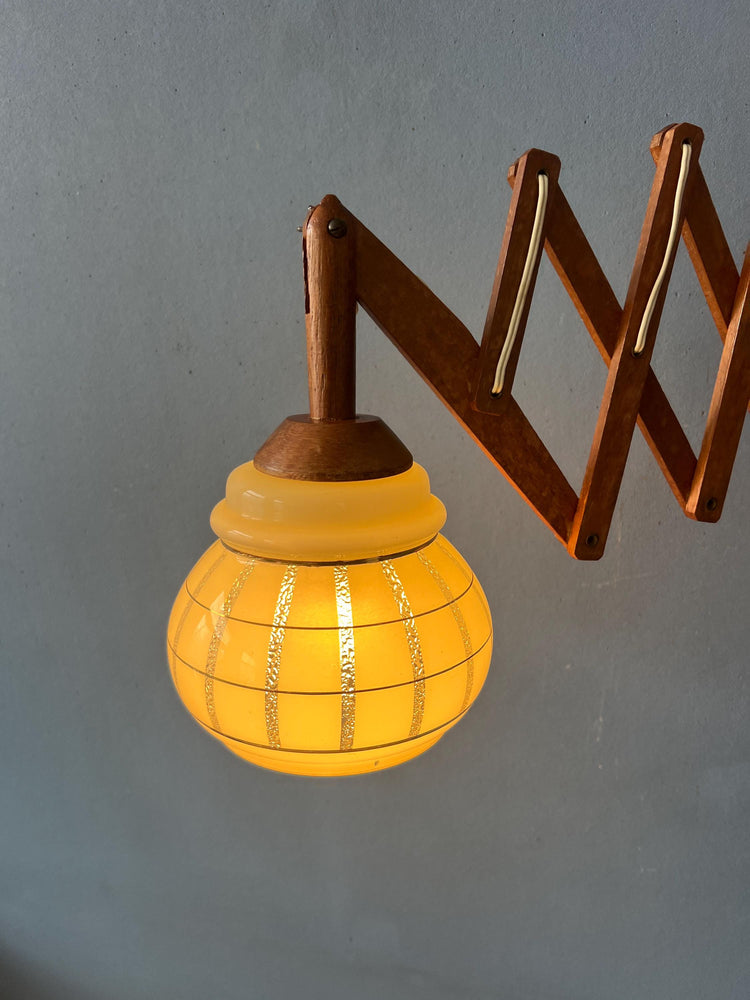 Vintage Teak Wood Scissor Wall Lamp with Glass Shade