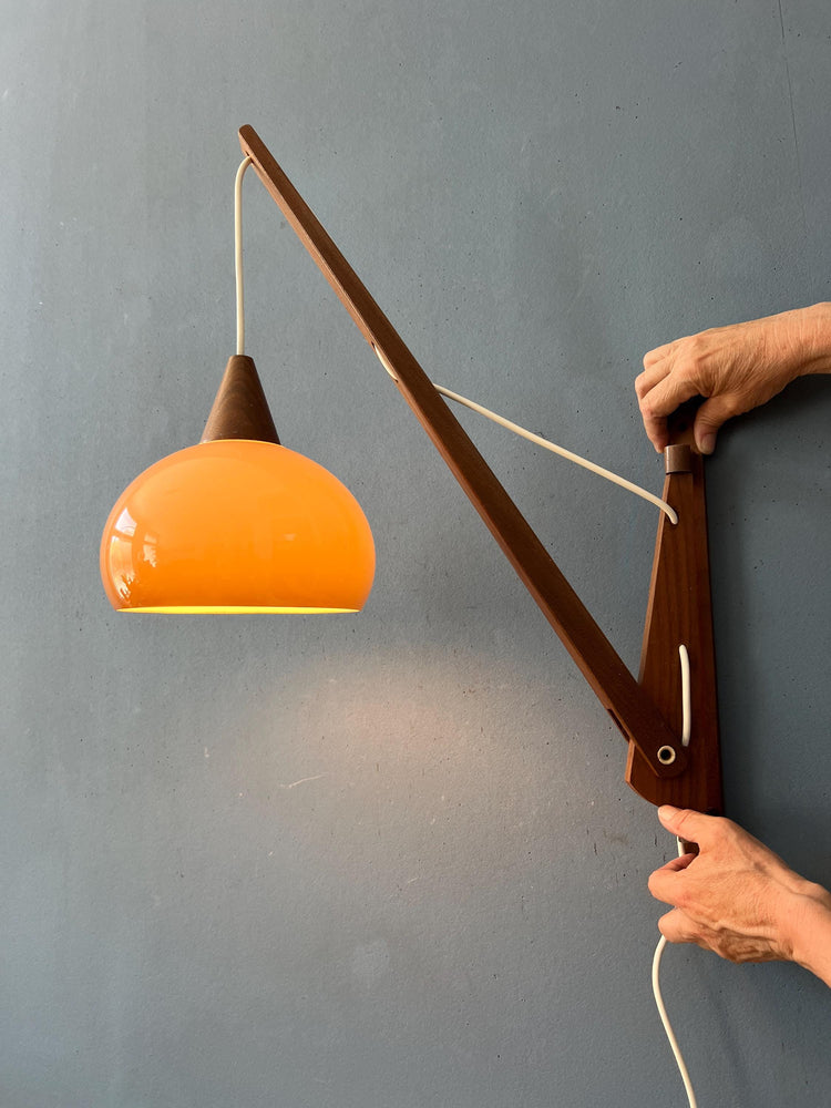 Danish Teak Wood Fishing Rod Wall Lamp with Plexiglass Mushroom Shade