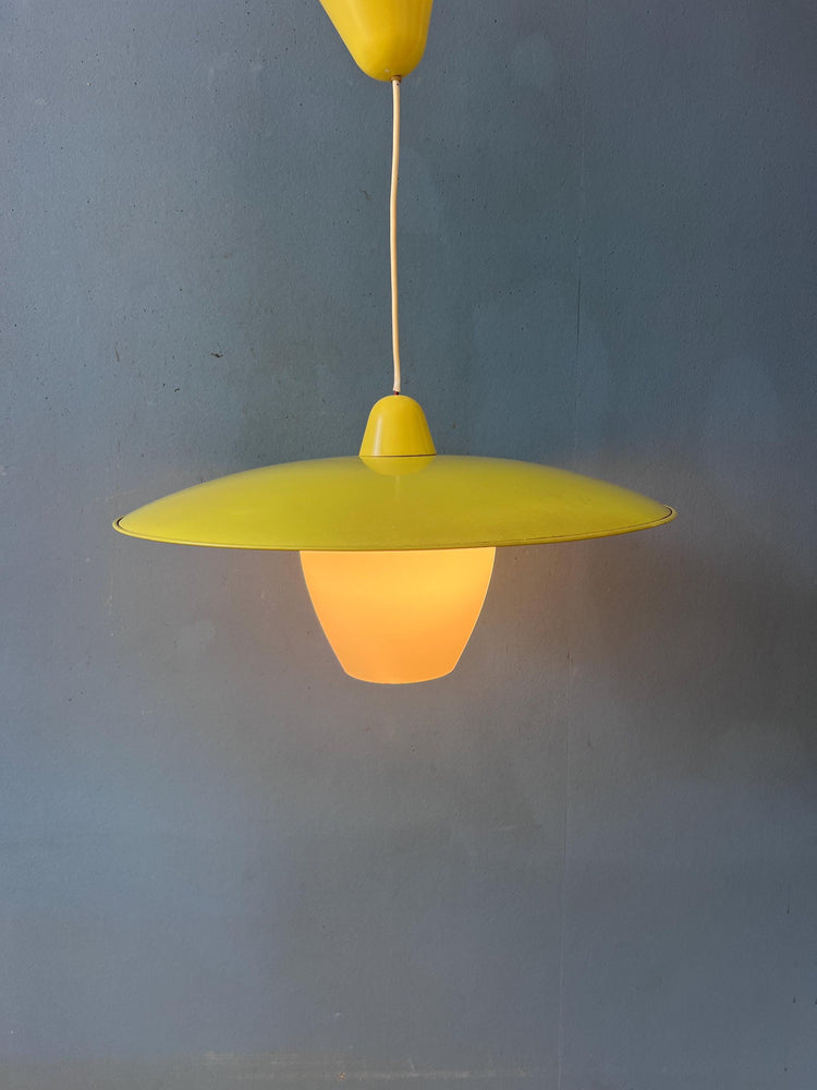 Mid Century Opaline Glass Pendant Lamp with Yellow Metal Shade