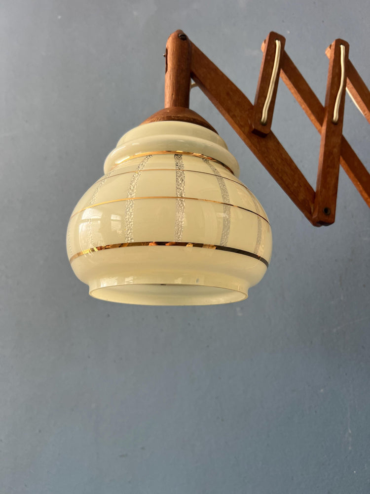 Vintage Teak Wood Scissor Wall Lamp with Glass Shade