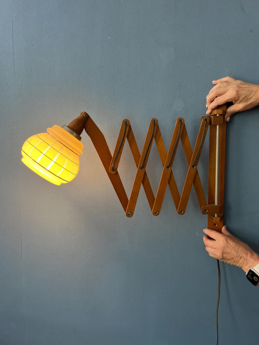 Teak Wood Scissor Wall Lamp with Glass Shade